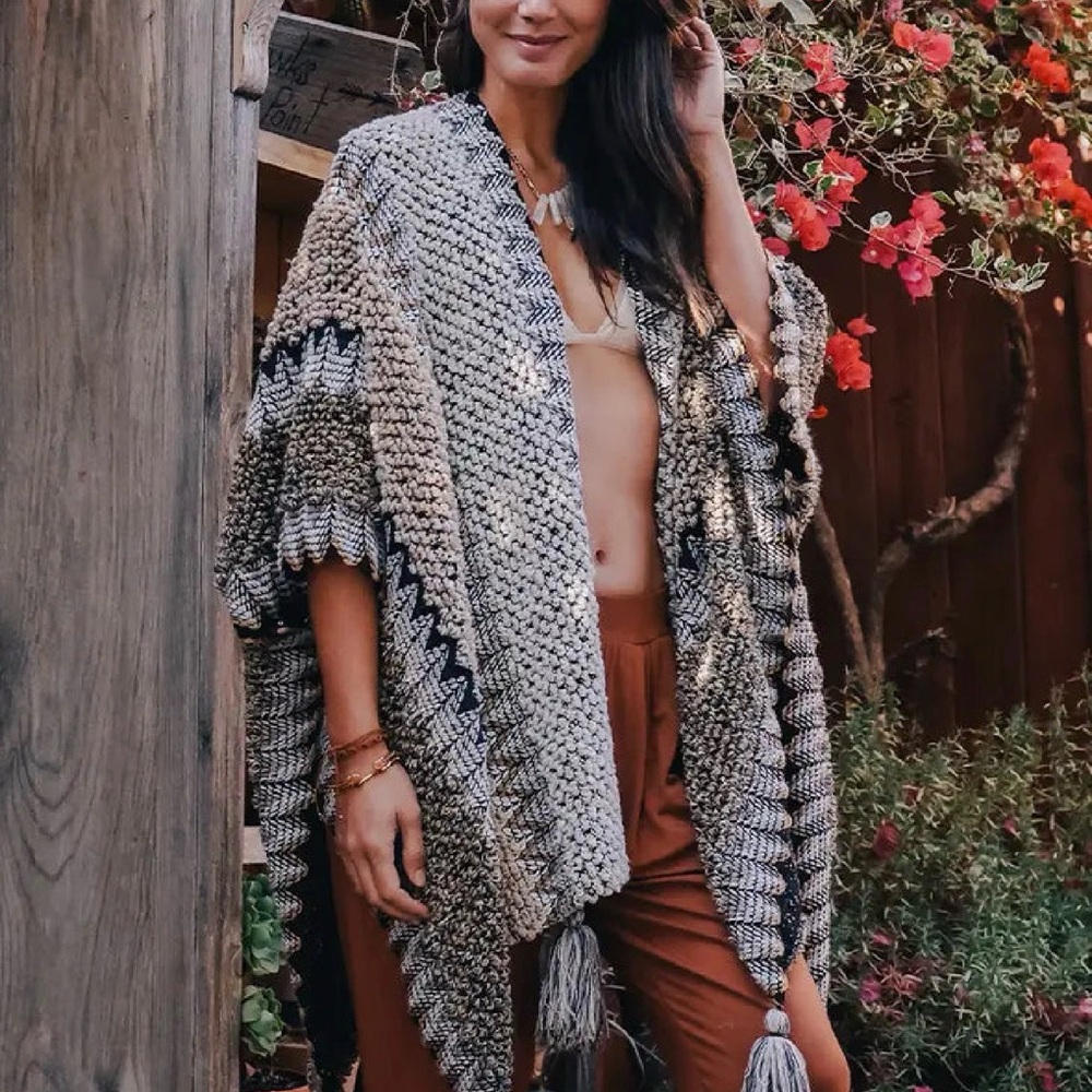 Bohemian Knit Poncho with Tassels